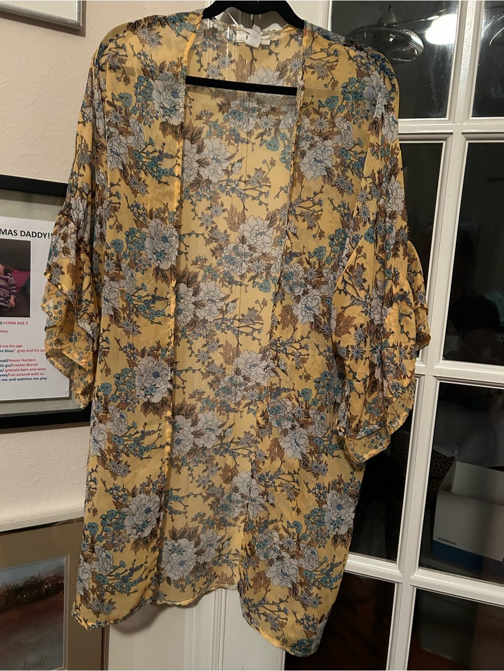 Mudd Yellow Floral Sheer Kimono with Blue and Cream Blooms